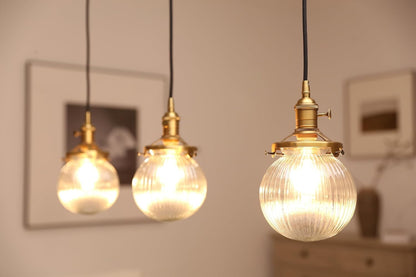 Industrial Pendant Ceiling Light 3 Head Ribbed Glass Antique Gold E27 Hanging