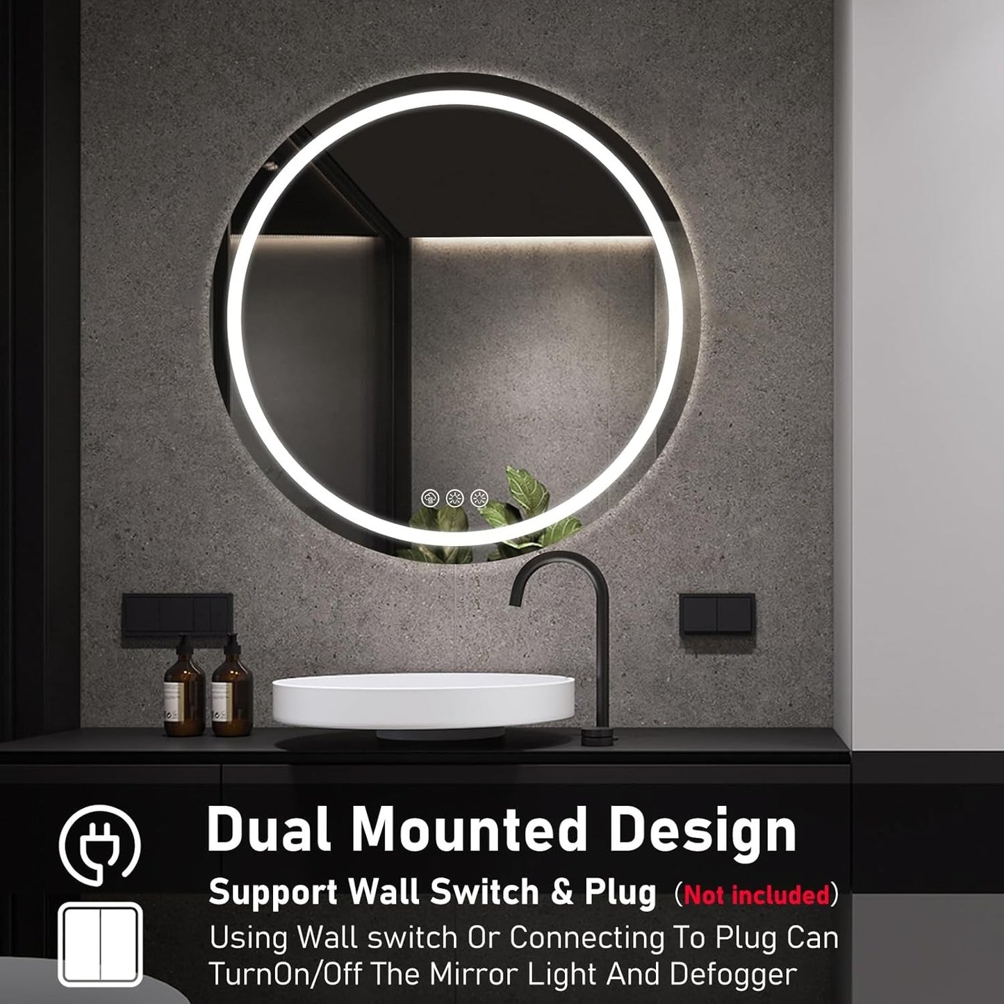 70cm LED Bathroom Mirror Round Anti Fog Dimmable 3 Light IP44 Waterproof Glass
