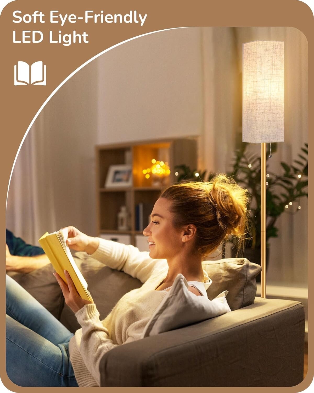 EDISHINE Floor Lamp Standing Lamp with Square Linen Lampshade Gold