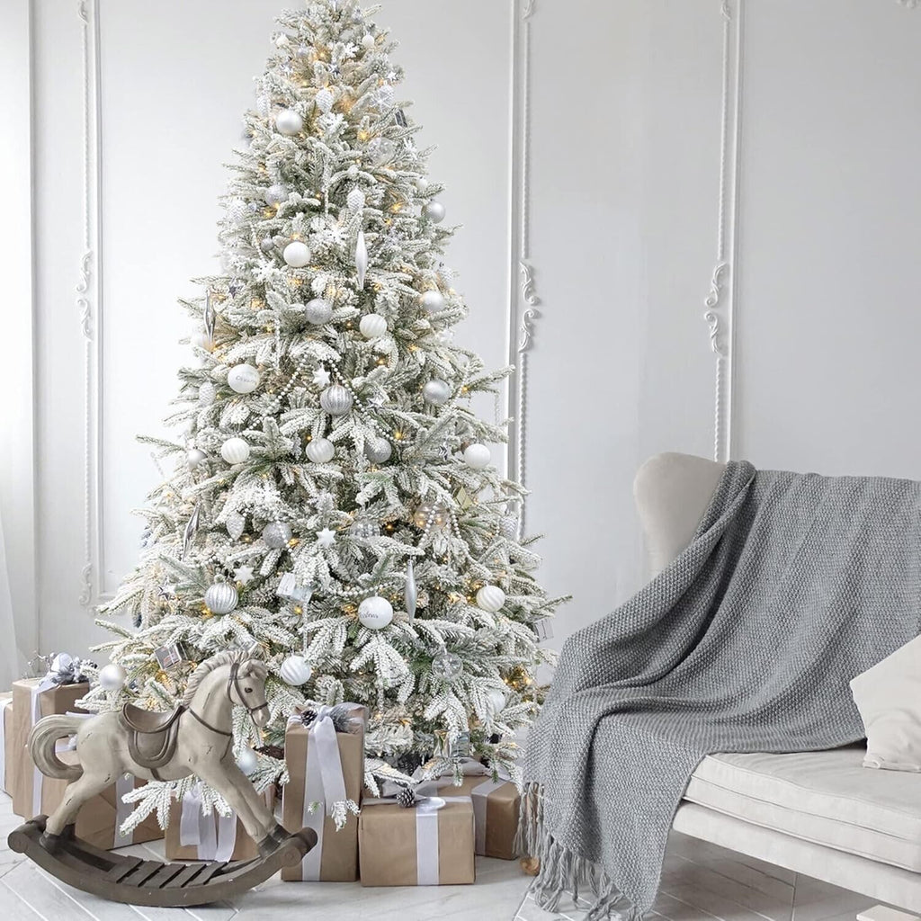 KI Store Flocked Christmas Tree 6.5ft Unlit Hinged Artificial Realistic Pine
