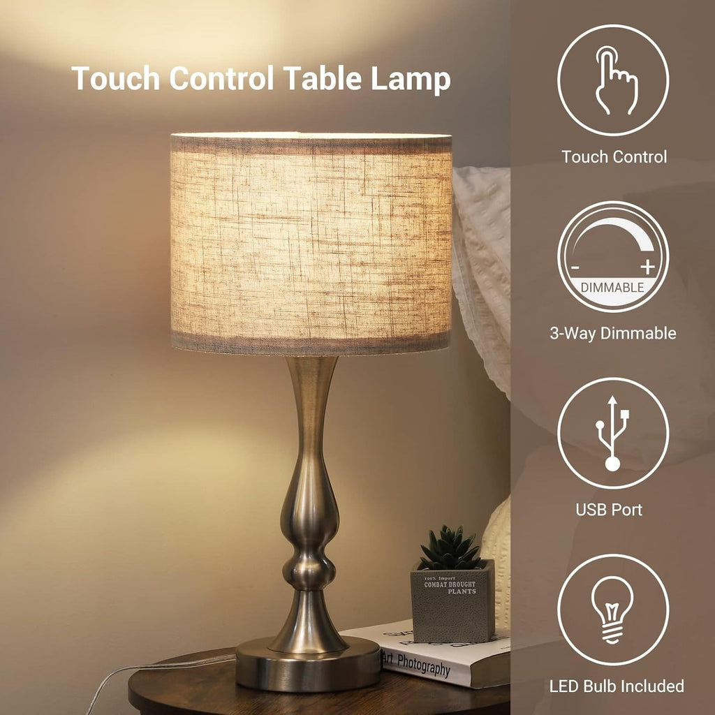 EDISHINE Bedside Lamps Set of 2 - 3 Way Dimmable Touch Lamp with USB Charging