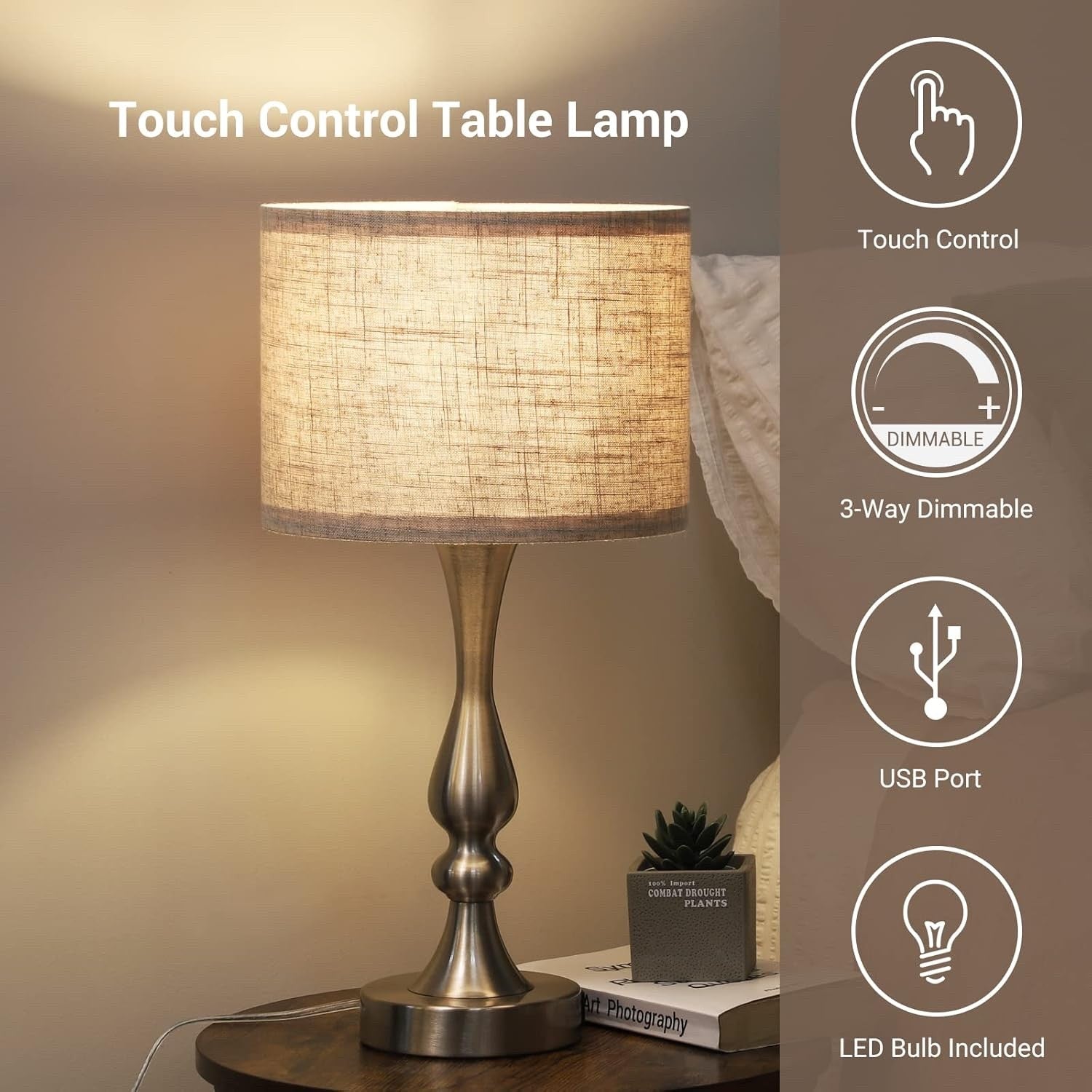 EDISHINE Bedside Lamps Set of 2 - 3 Way Dimmable Touch Lamp with USB Charging