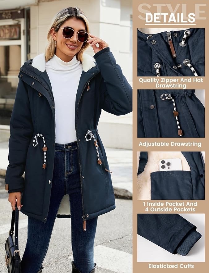 Womens Winter Parka Jacket Fleece Lined Hooded Thermal Coat Navy L