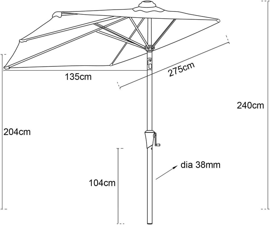 2.75m Half Round Wall Parasol Garden Patio Umbrella Crank Tilt UV Black