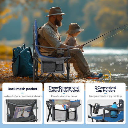 Folding Camping Chair Heavy Duty 160kg High Back Cup Holders Blue Carry Bag