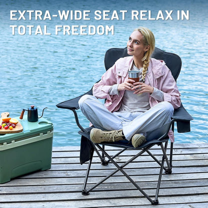 Folding Camping Chair Recliner 150kg Extra Wide 3 Position Cup Holder Black