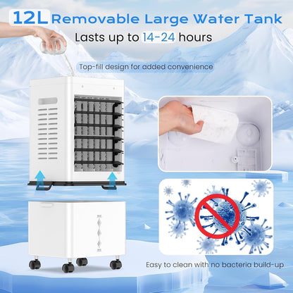 Portable Evaporative Air Cooler 12L 45W 24H Timer Remote Control Black Bladeless