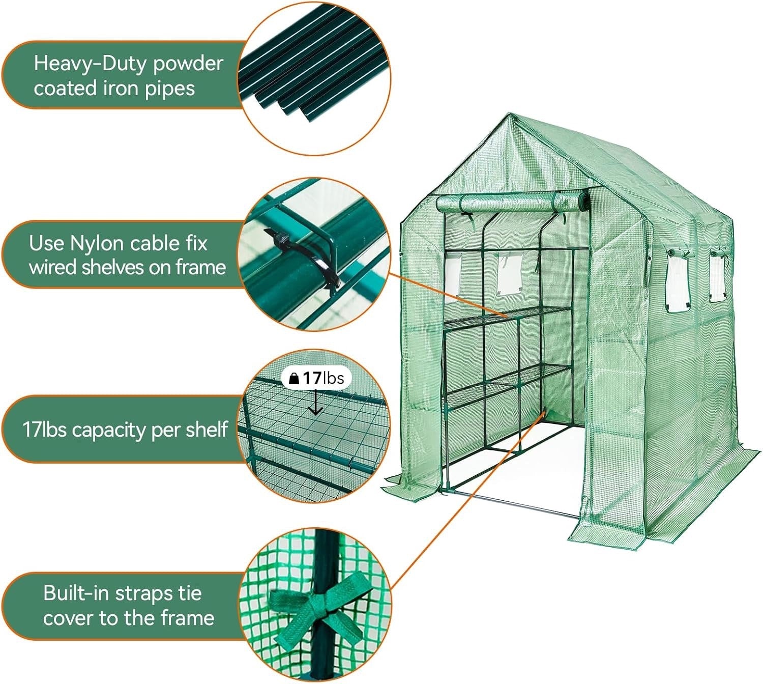 Greenhouse Shelves Walk In 12 Tier PE Cover Garden Grow House 143x143x195cm