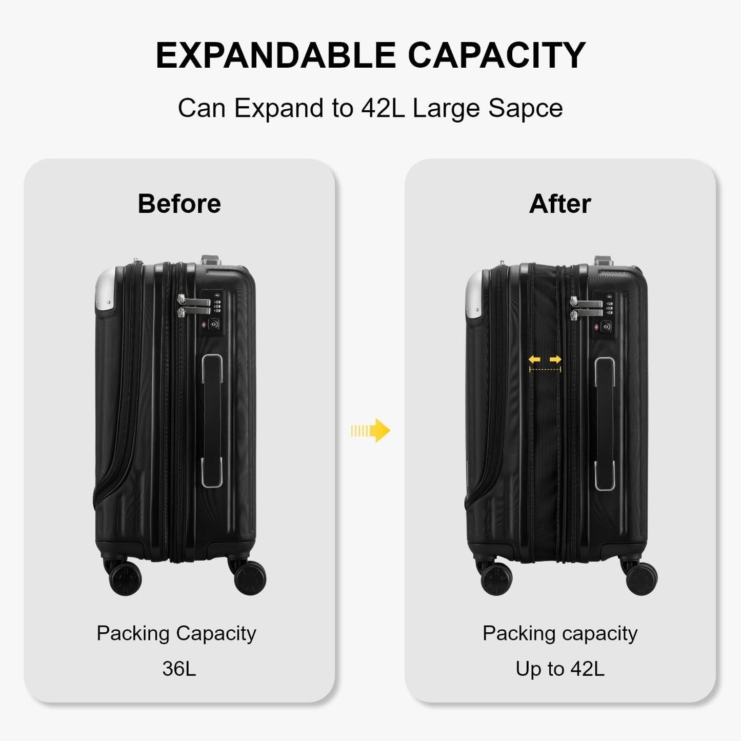 Carry On Suitcase Luggage 20 Inch Expandable Hardside TSA Lock Wheels Black