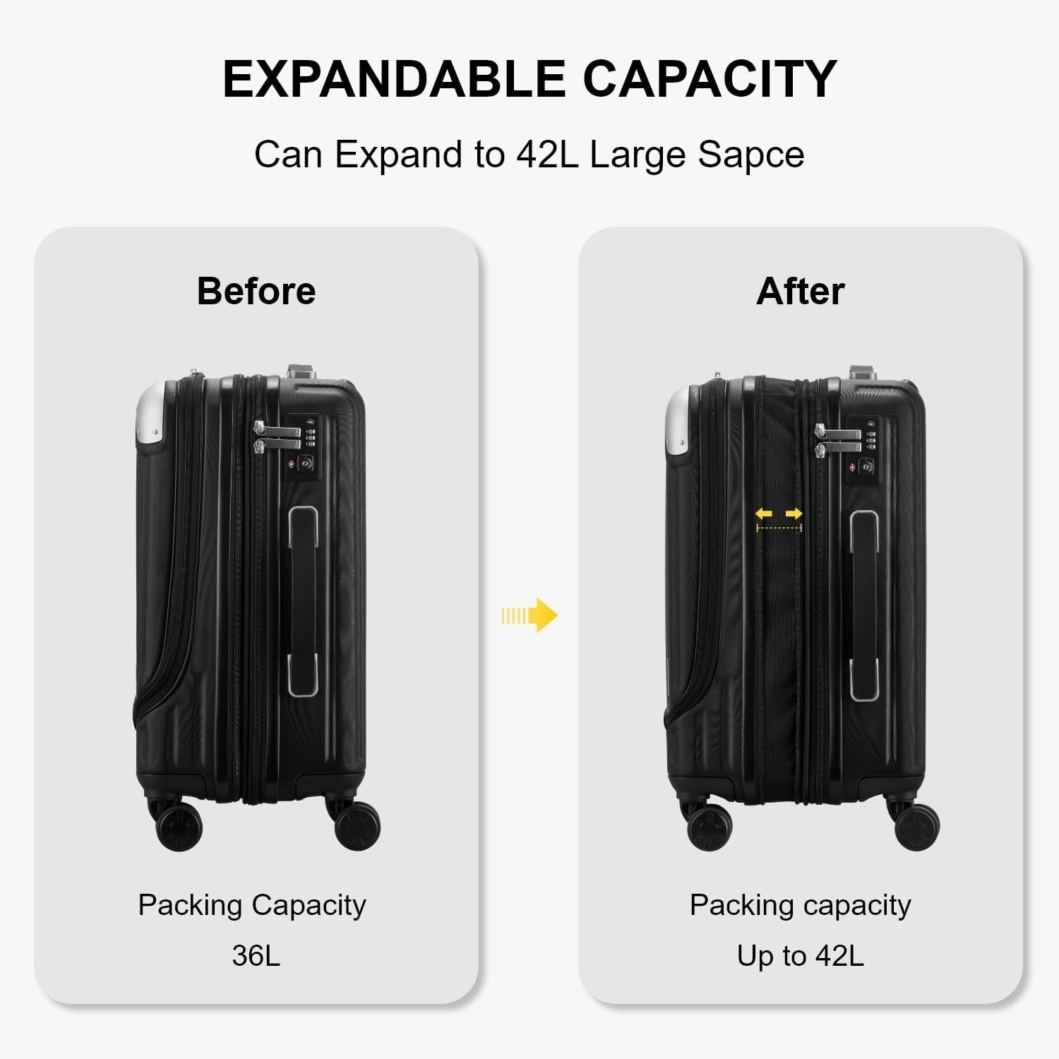 Carry On Suitcase Luggage 20 Inch Expandable Hardside TSA Lock Wheels Black
