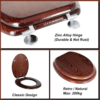 Toilet Seat Wooden Oval Bathroom Lid Dark Walnut MDF Adjustable Hinges 45x37cm