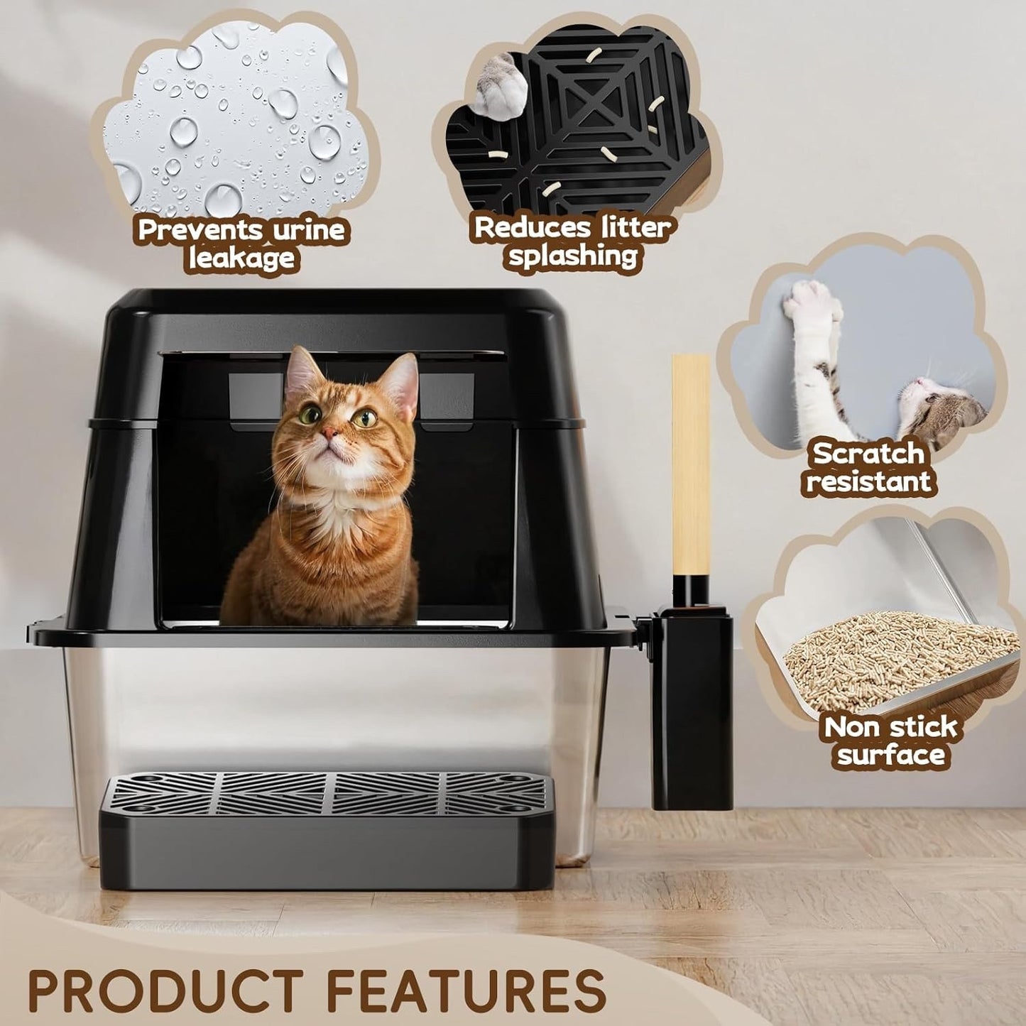 Cat Litter Tray Box XXL Stainless Steel 26L High Wall Leakproof Lid Scoop Black