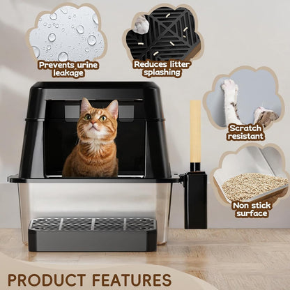 Cat Litter Tray Box XXL Stainless Steel 26L High Wall Leakproof Lid Scoop Black