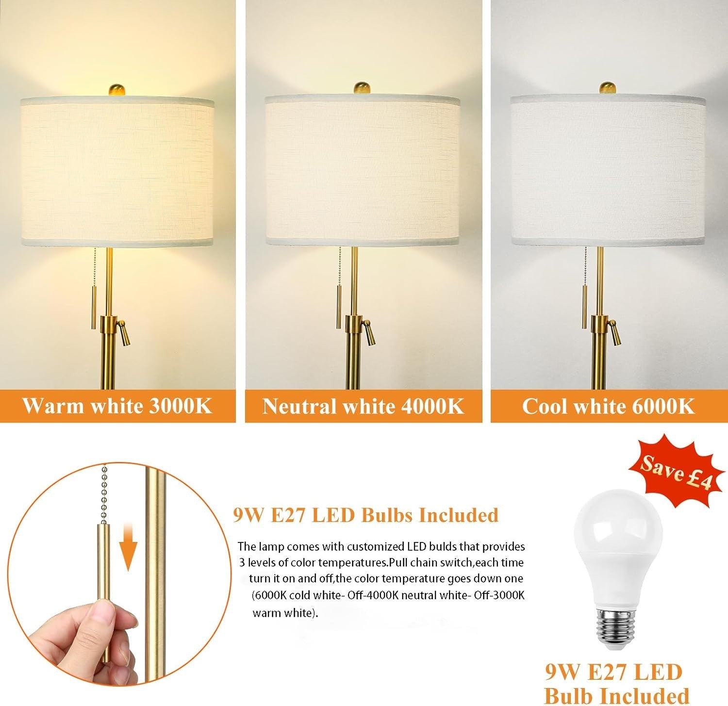 Modern Gold Floor Lamp with Lampshade 3 Colour Lighting Living Room