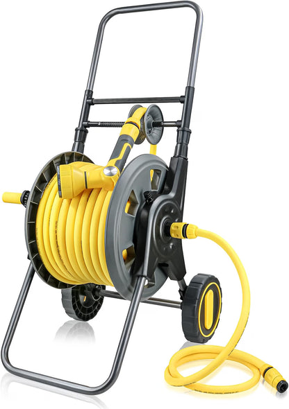 Garden Hose Reel Cart 30m Wheeled Trolley Rewind Handle 2m Leader Hose Spray Gun