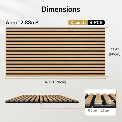 Acoustic Wood Wall Panels 4 Pack 120x60cm Natural Oak Slat Soundproof Decor