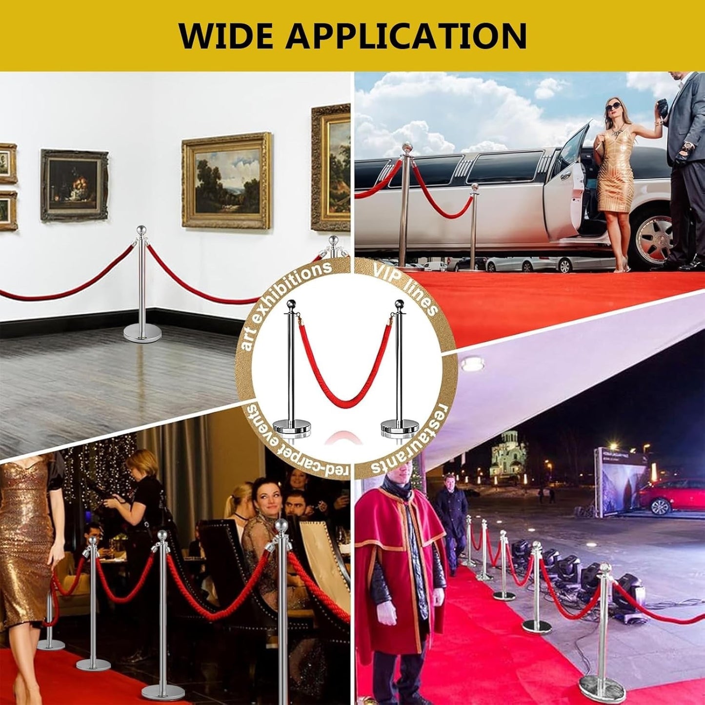 4Pcs Stainless Steel Stanchion Posts Queue Set Red Velvet Rope Crowd Control