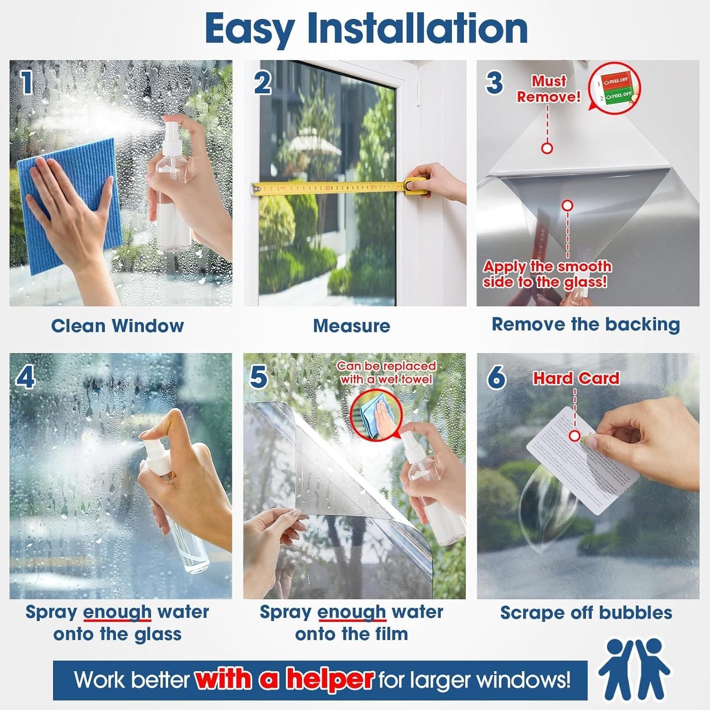 Window Film Privacy One Way Reflective Mirror Silver 90x300cm Static Cling UV