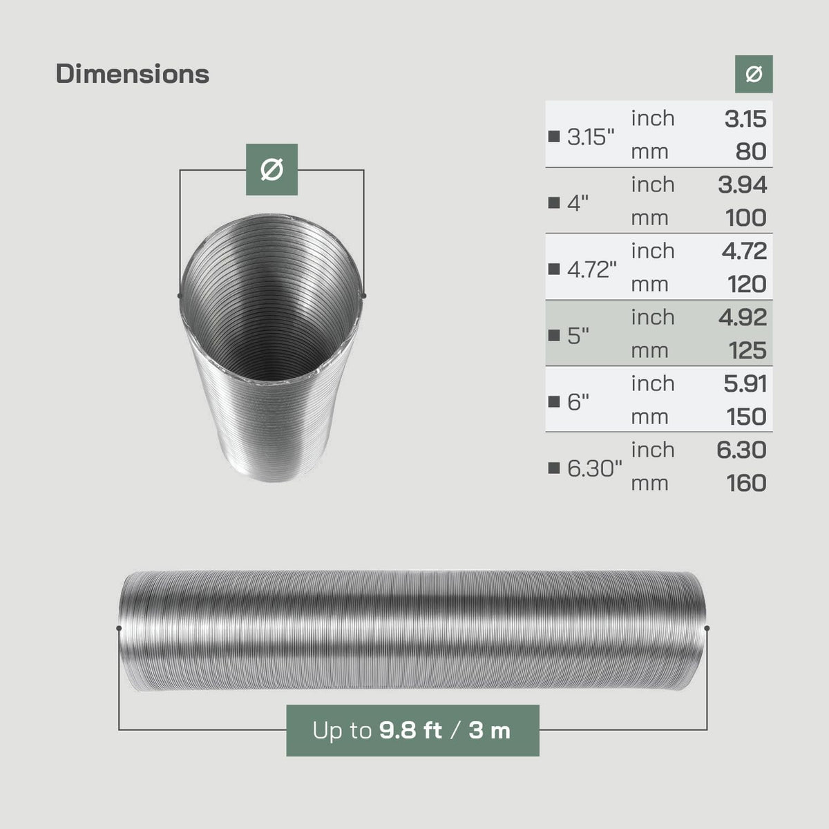 Flexible Ducting Pipe Hose 125mm 3m Aluminium Ventilation Extractor Fan Dryer