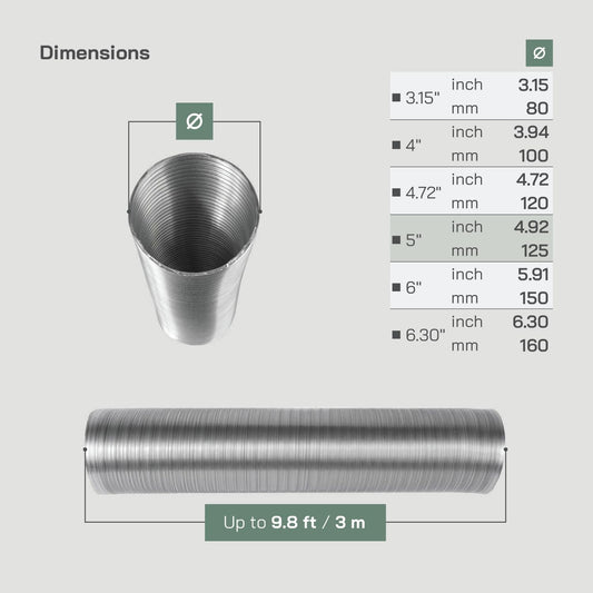 Flexible Ducting Pipe Hose 125mm 3m Aluminium Ventilation Extractor Fan Dryer