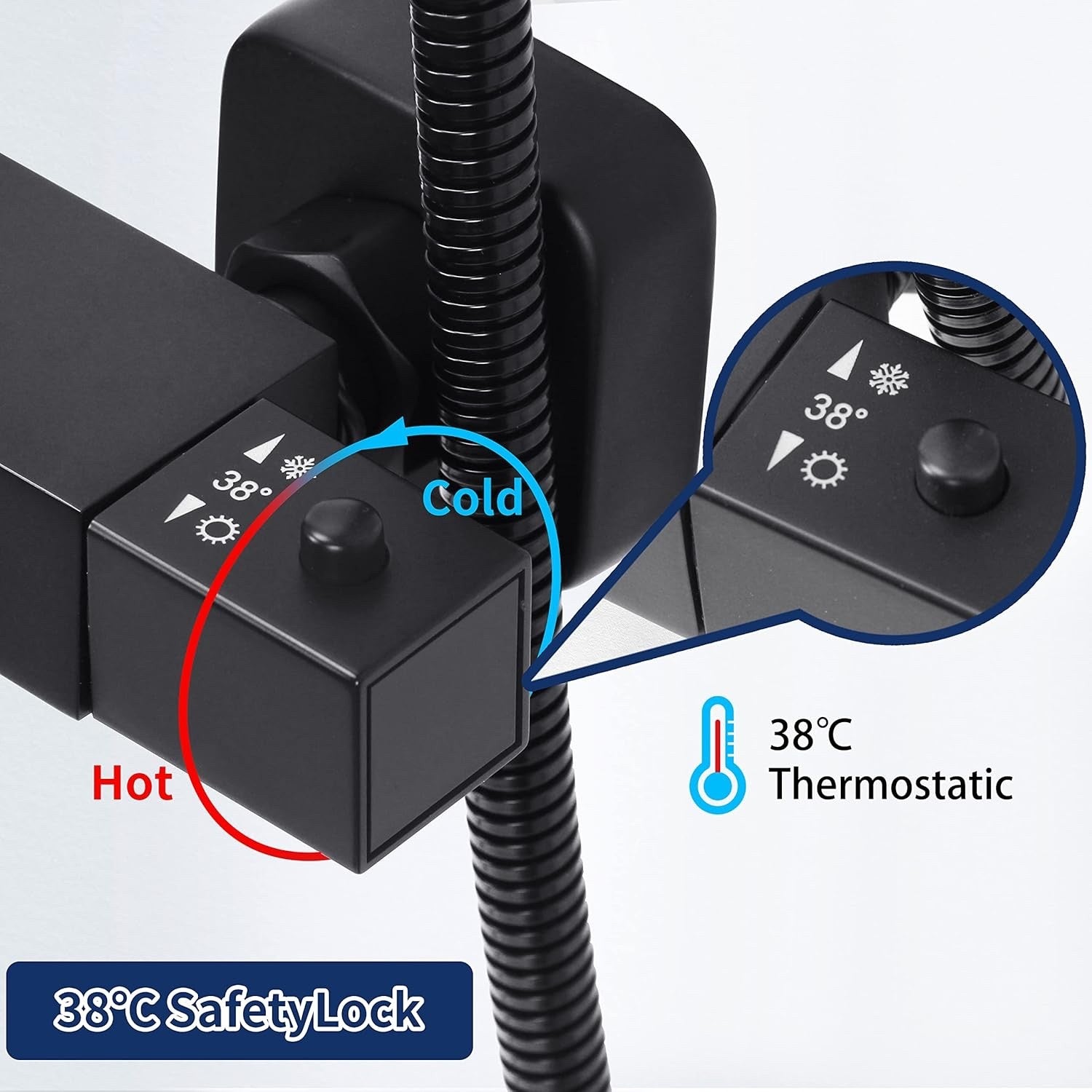 Shower Mixer Thermostatic Rainfall Set Head Rail Kit Anti Scald Black Square