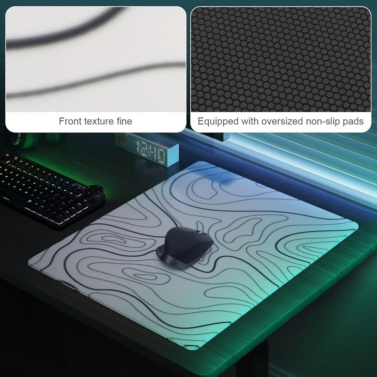 Glass Gaming Mouse Pad Mat 50x40cm White Topographic Non Slip Smooth Surface