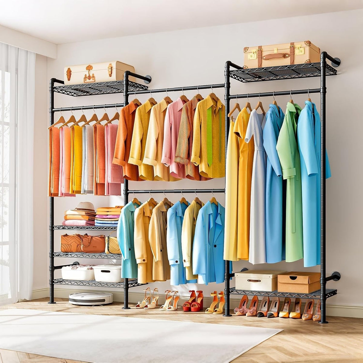 Clothes Rail Wardrobe Rack Adjustable Freestanding Storage 6 Shelves Double Rods