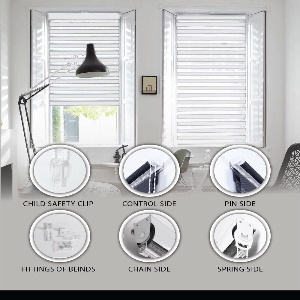 Zebra Roller Blinds Dual Layer No Drill Blackout Day Night 124x165cm White