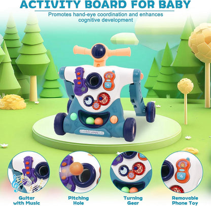 Baby Walker Push Along Toy 3 in 1 Sit Stand Ride On Blue Music Activity Panel