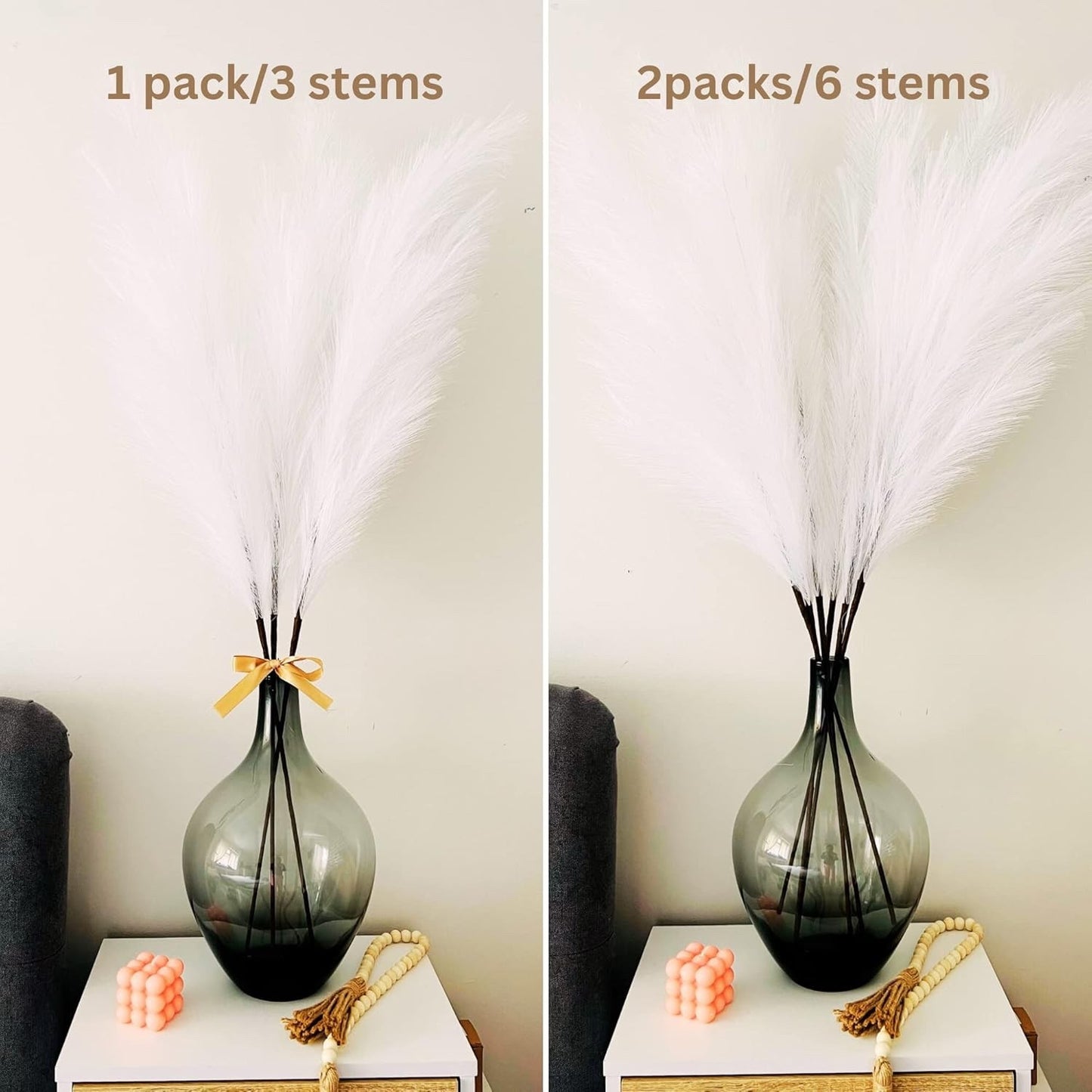 Artificial Pampas Grass 3 Stems 116cm White Large Faux Flowers Tall Vase Decor