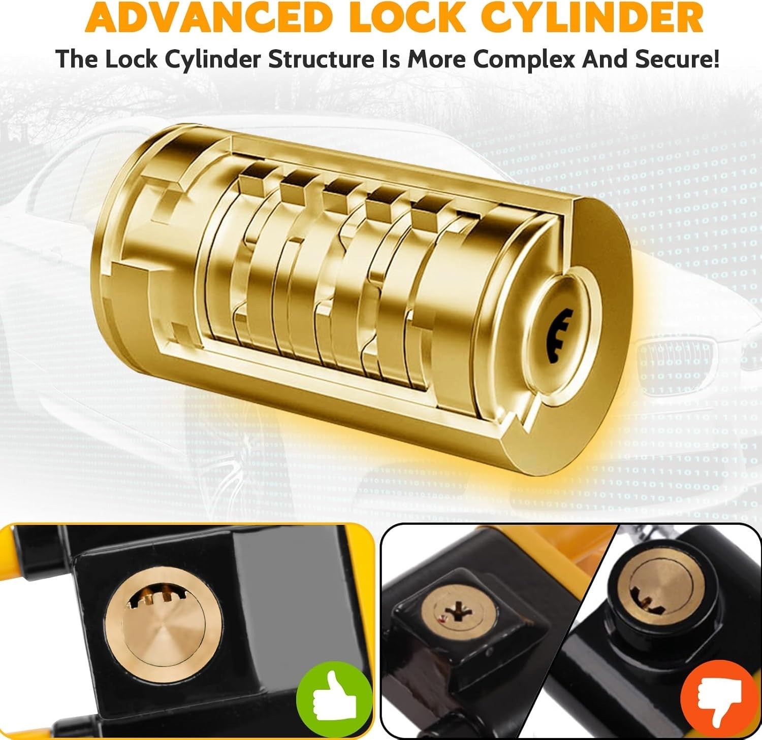 Tevlaphee Twin Bar Steering Wheel Lock Heavy Duty Anti Theft 3 Keys Yellow