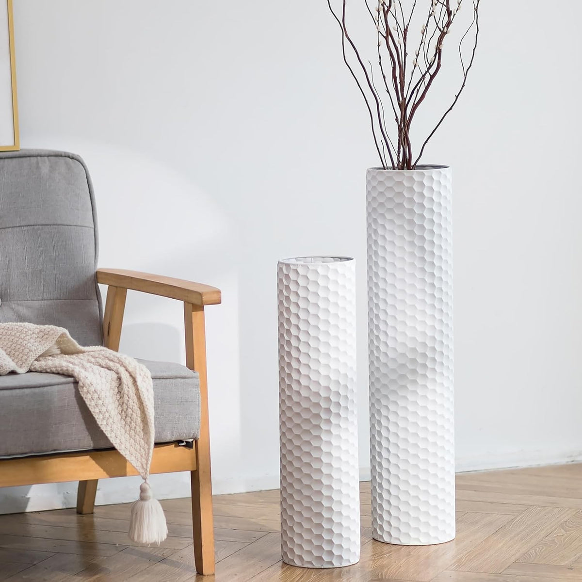 Tall Floor Vase Set 2 White Metal 70cm 55cm Honeycomb Modern Pampas Grass Decor