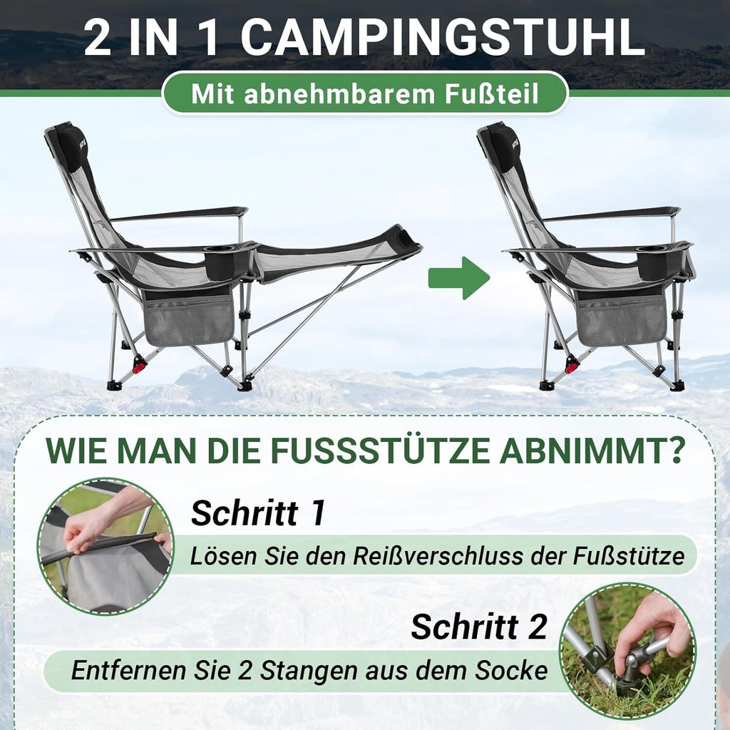 Folding Camping Chairs Reclining Adjustable with Detachable Footrest Outdoor