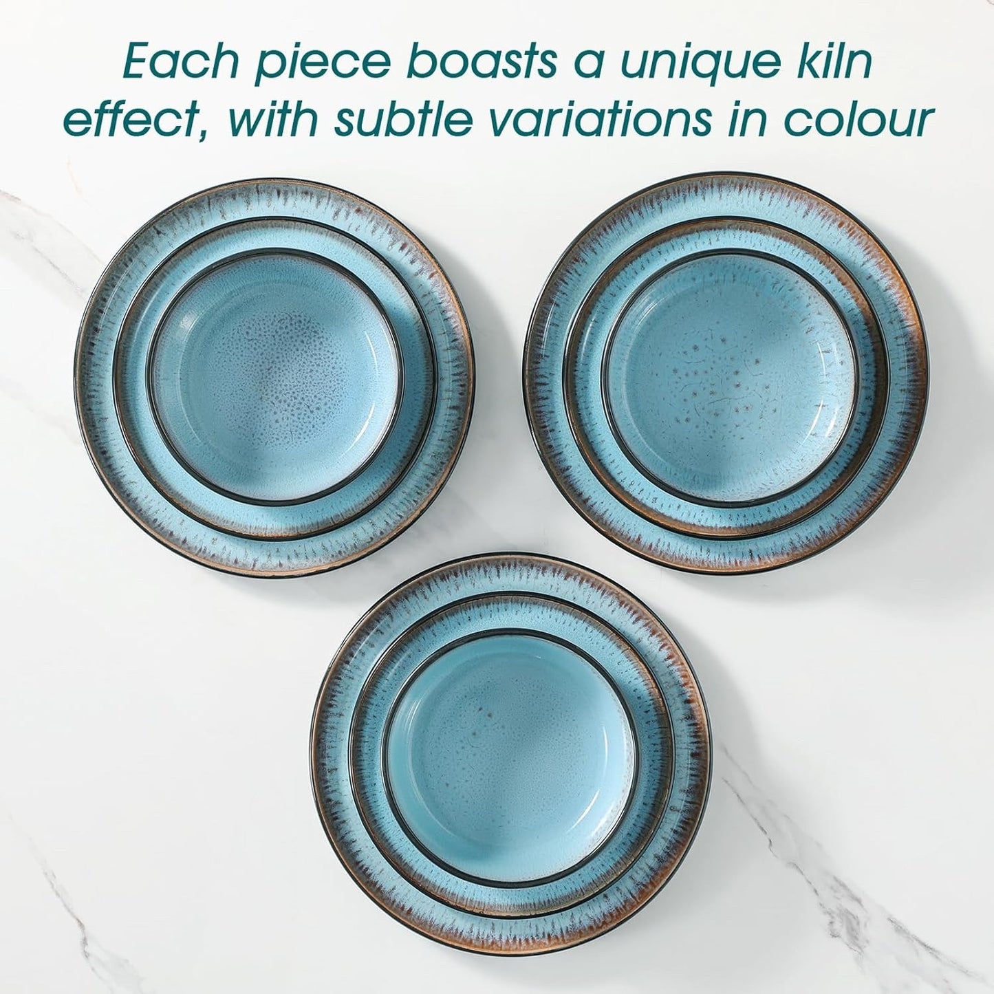 Dinner Set Stoneware 15 Piece Reactive Glaze Plates Bowls Blue Service
