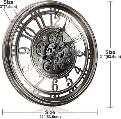 Large Wall Clock Moving Gears 53.5cm Industrial Steampunk Metal Grey Bronze Deco