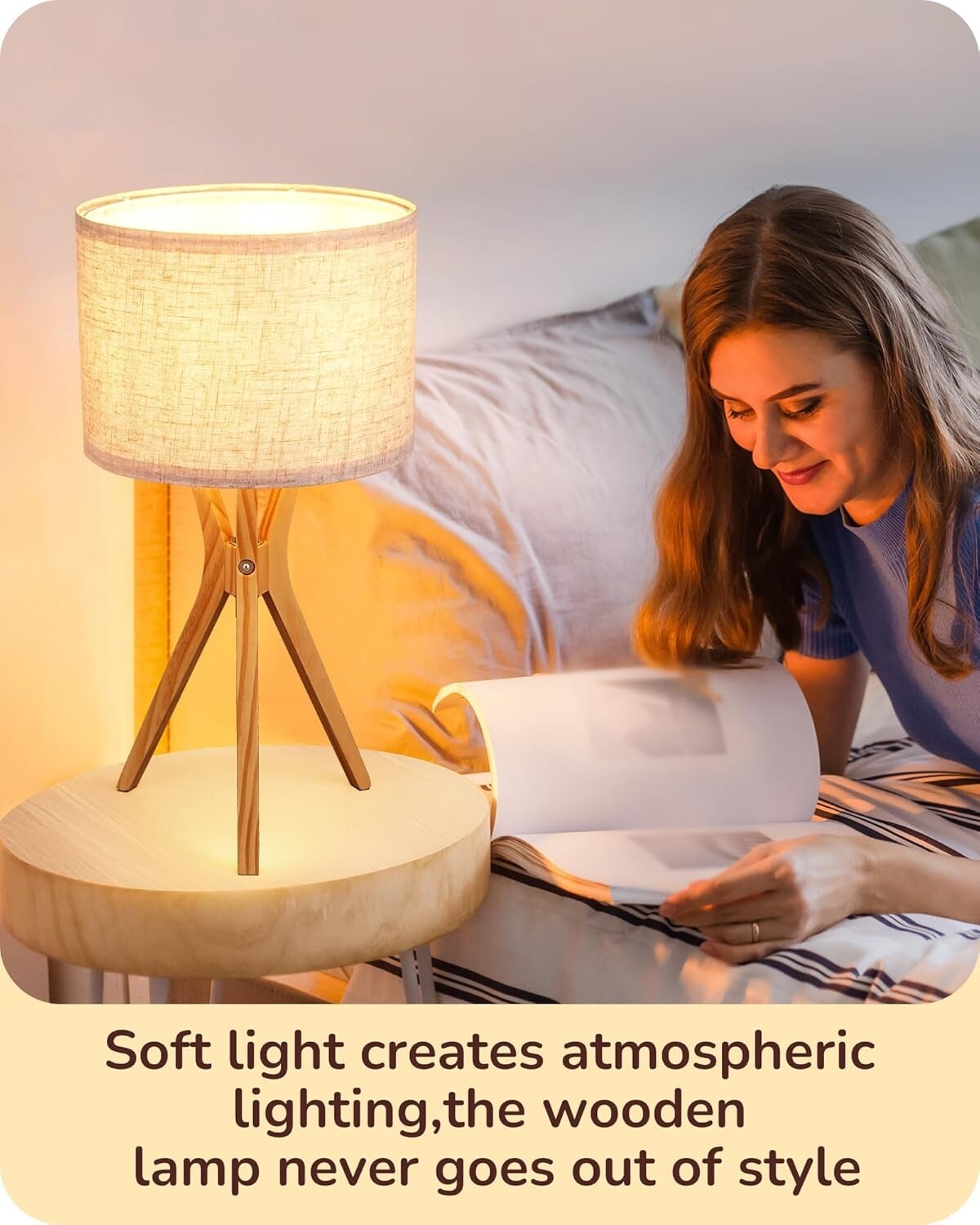 EDISHINE Modern Bedside Lamp, 46cm Tripod Table Lamp with Solid Wood Legs, Beige