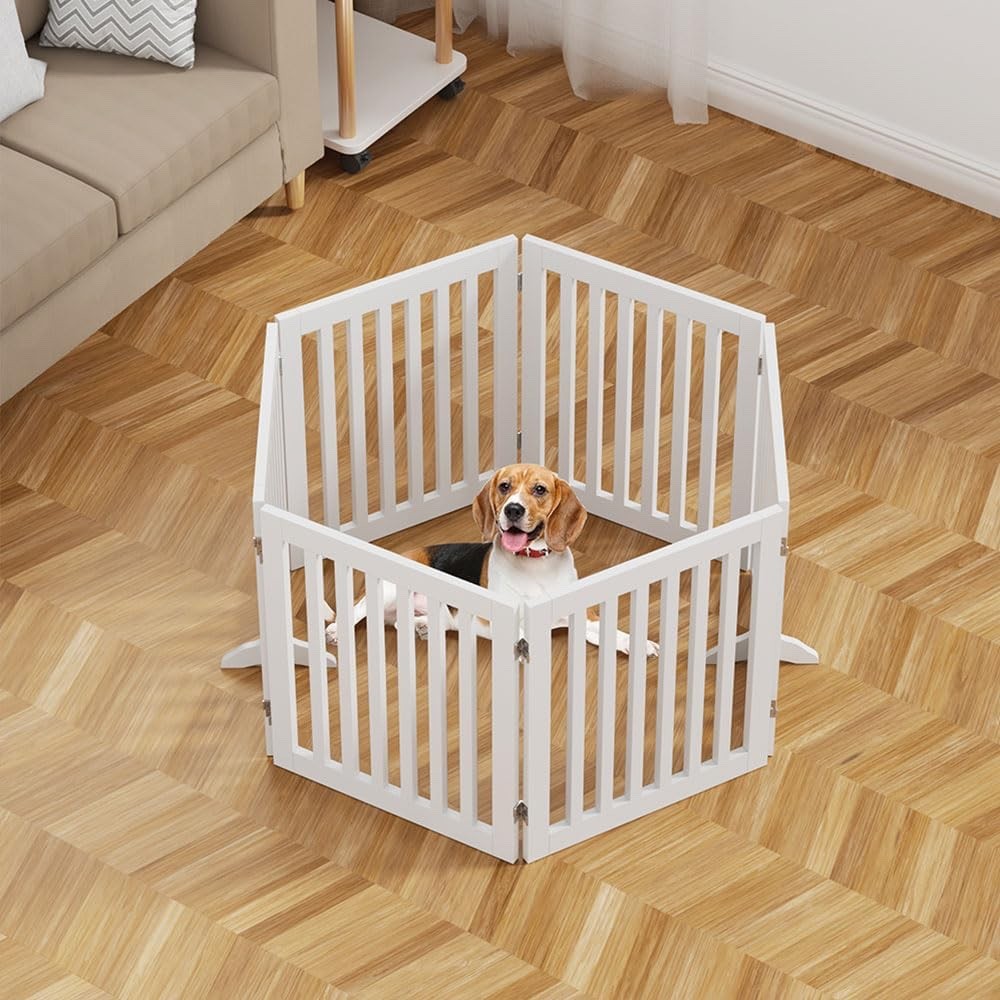 Freestanding Dog Gate Extra Wide 306x61cm White Foldable Pet Fence Playpen Home