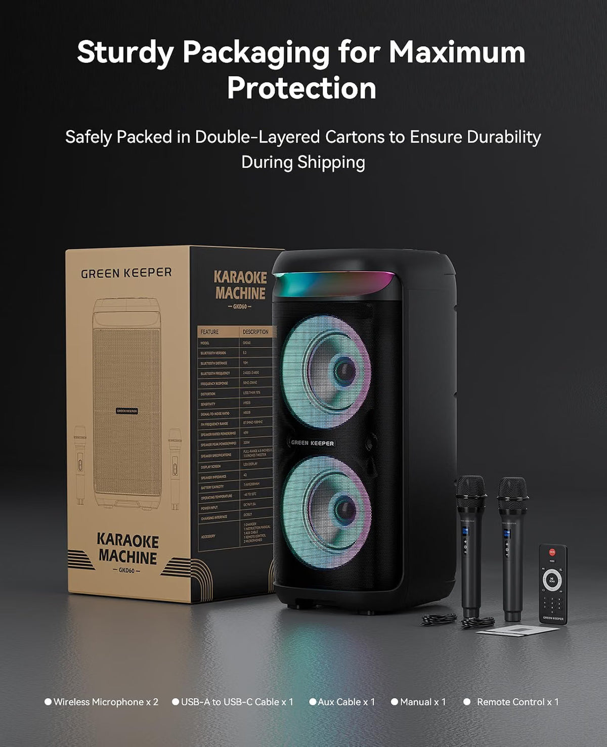 Karaoke Machine Bluetooth Speaker 500W 2 Wireless Mics LED Lights 8000mAh Black