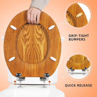 Toilet Seat Wooden Soft Close Oak 45x37cm Antibacterial Quick Release Hinges Eas