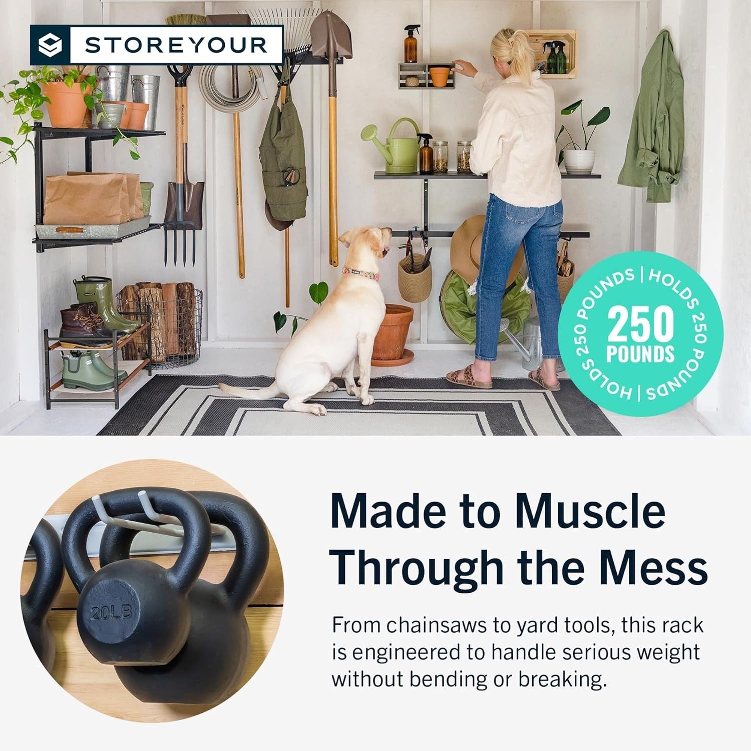 StoreYourBoard Wall-Mounted Tool Rack with 4 Heavy-Duty Garage Hooks