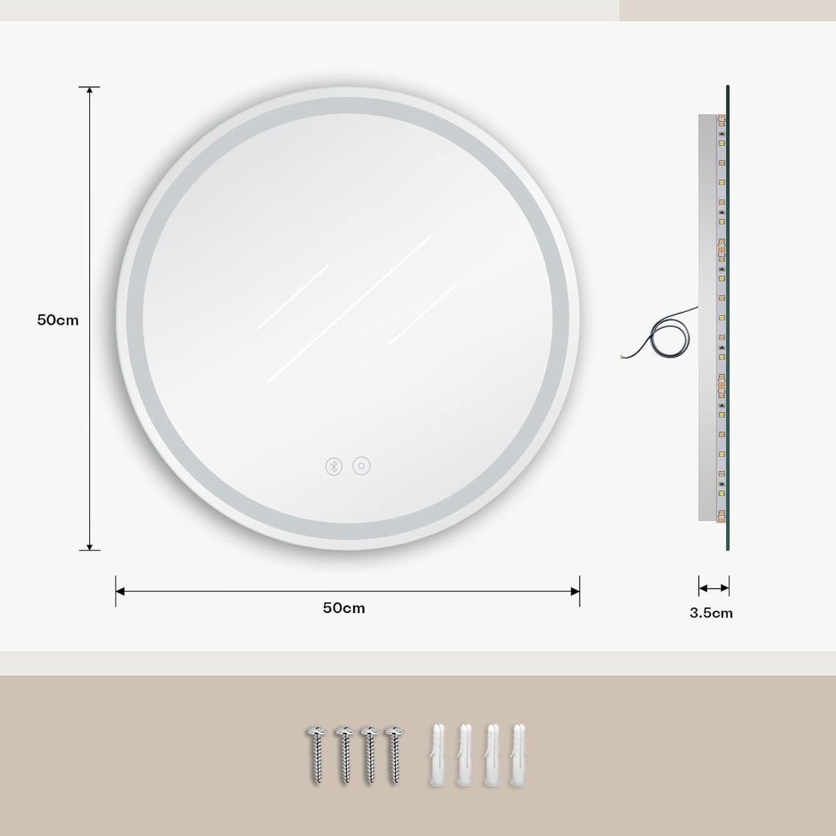 LED Bathroom Mirror Bluetooth Round 500mm Speaker Anti Fog Dimmable Backlit IP44