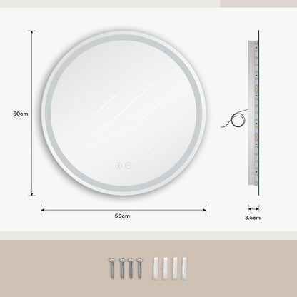 LED Bathroom Mirror Bluetooth Round 500mm Speaker Anti Fog Dimmable Backlit IP44