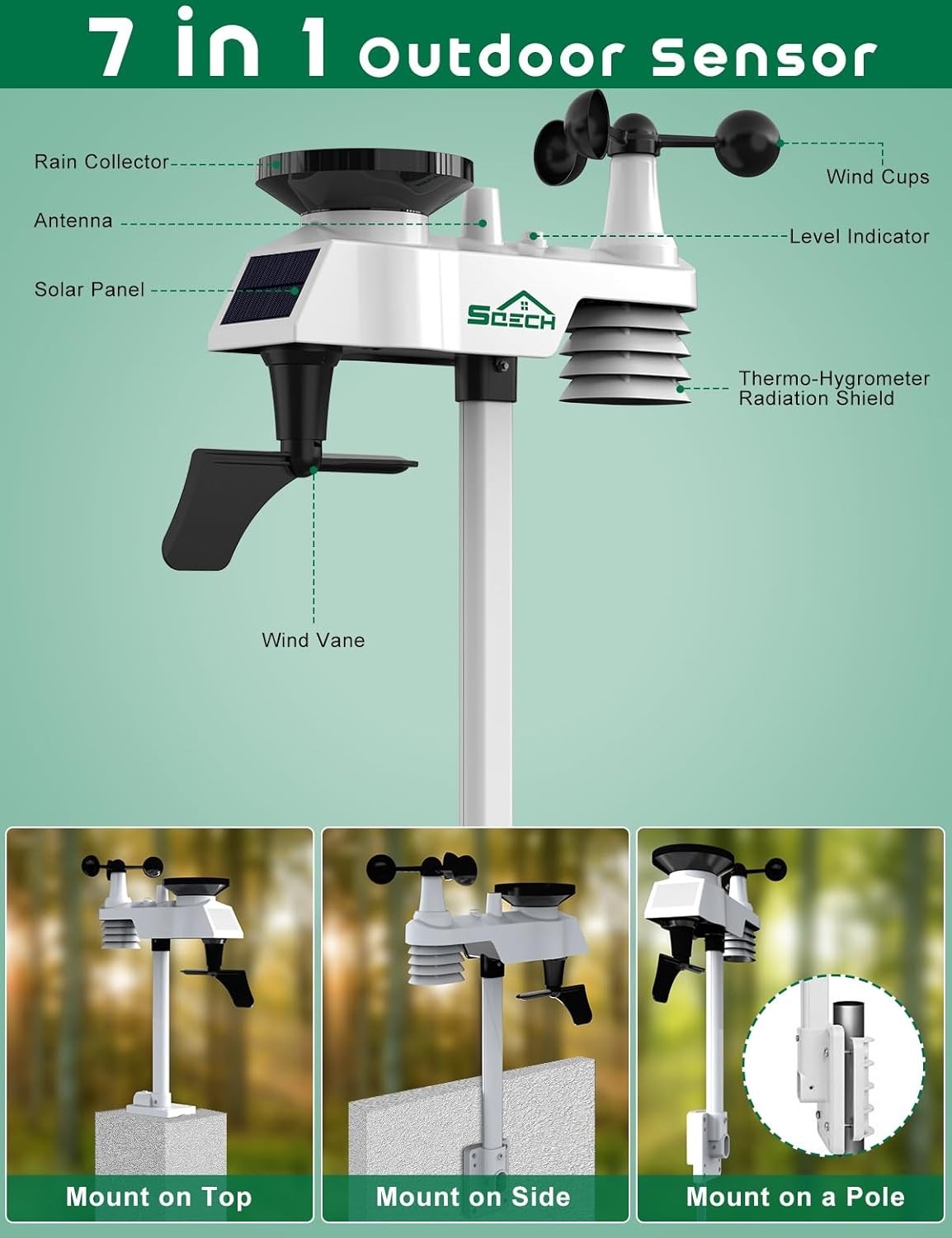Wireless Weather Station 7-in-1 Outdoor Sensor Rain Gauge Wind Forecast Display
