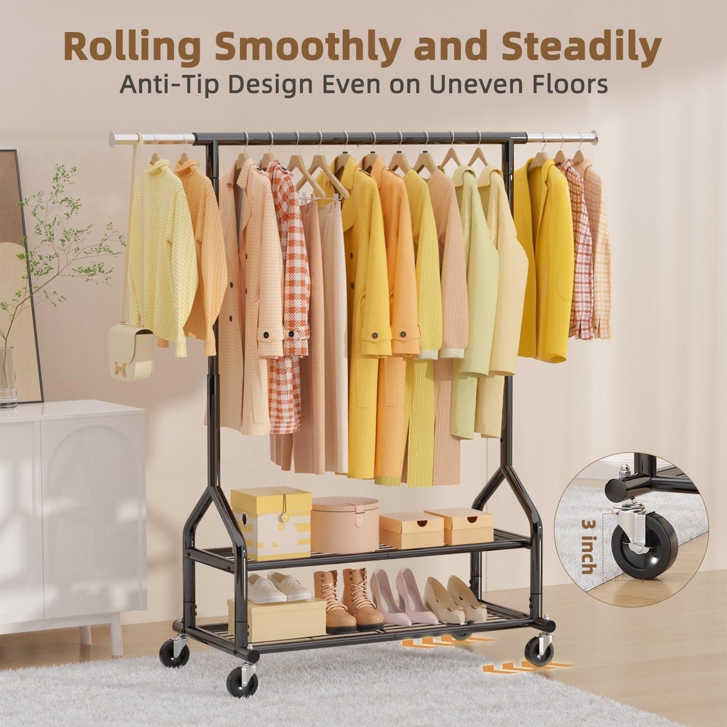 Heavy Duty Clothes Rail Garment Rack Adjustable 2 Shelves Wheels 252kg Black