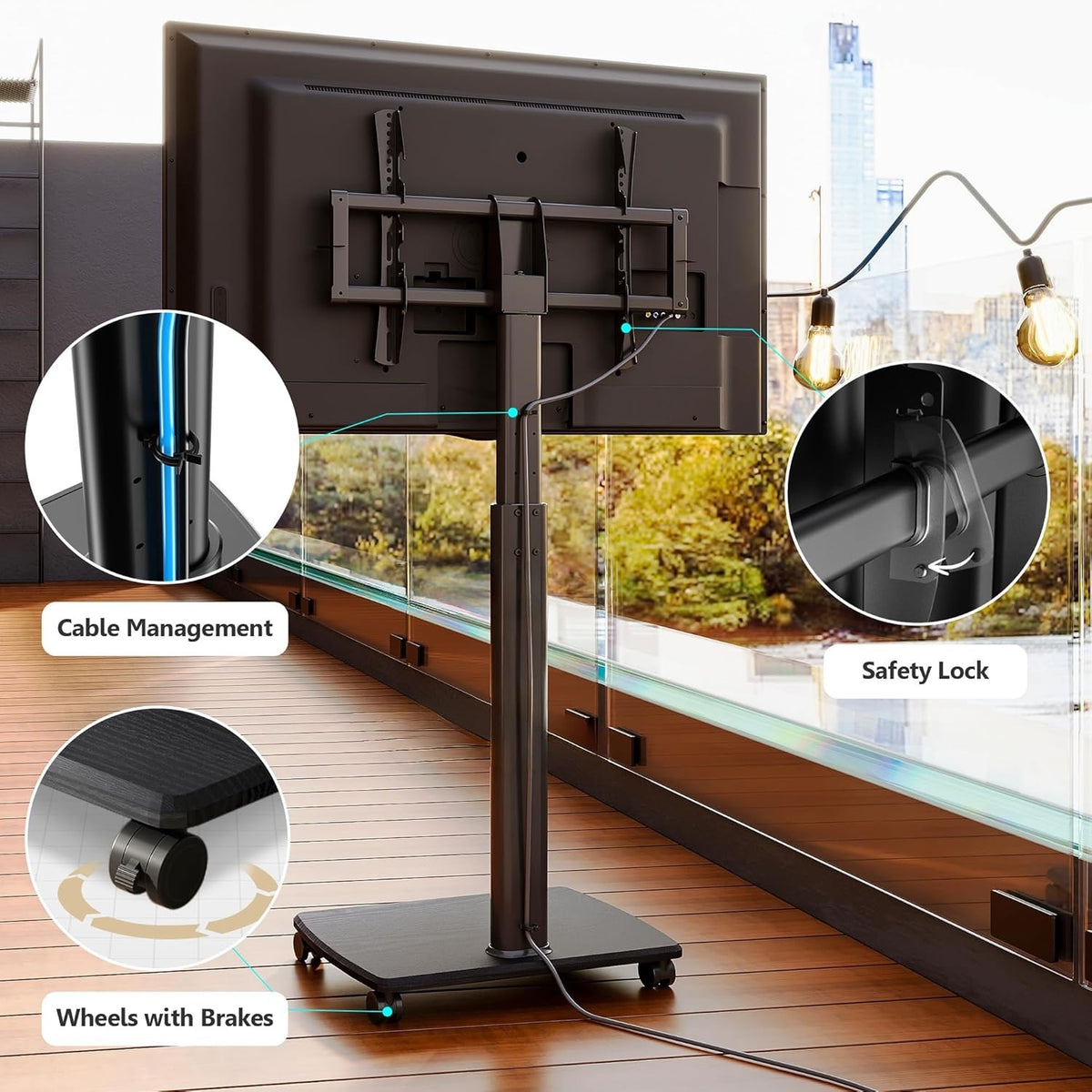 TV Stand Floor Mobile Wheels 32-70in Wooden Shelf Height Adjustable Swivel Black