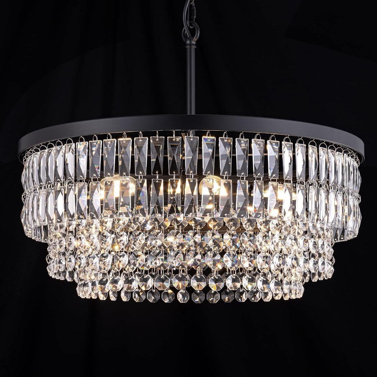 Crystal Chandelier Ceiling Light 6 Bulb Black 51cm Round Dining Room Pendant