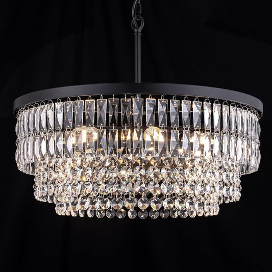 Crystal Chandelier Ceiling Light 6 Bulb Black 51cm Round Dining Room Pendant