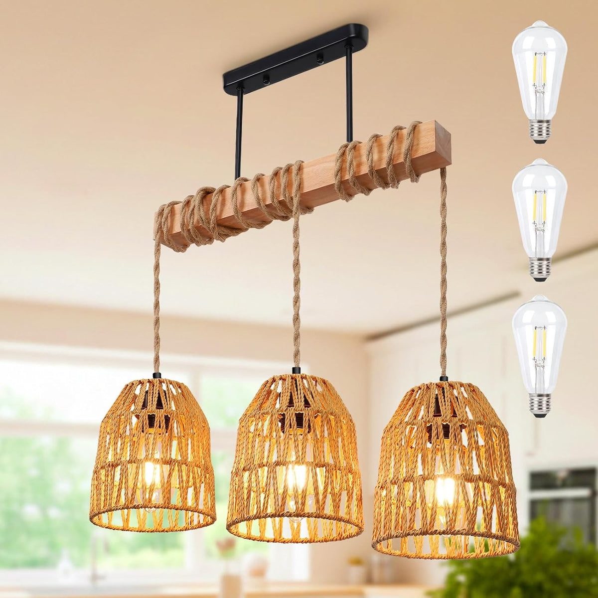 Rattan Pendant Light Chandelier Boho Brown E27 Adjustable 140cm Kitchen Lamp