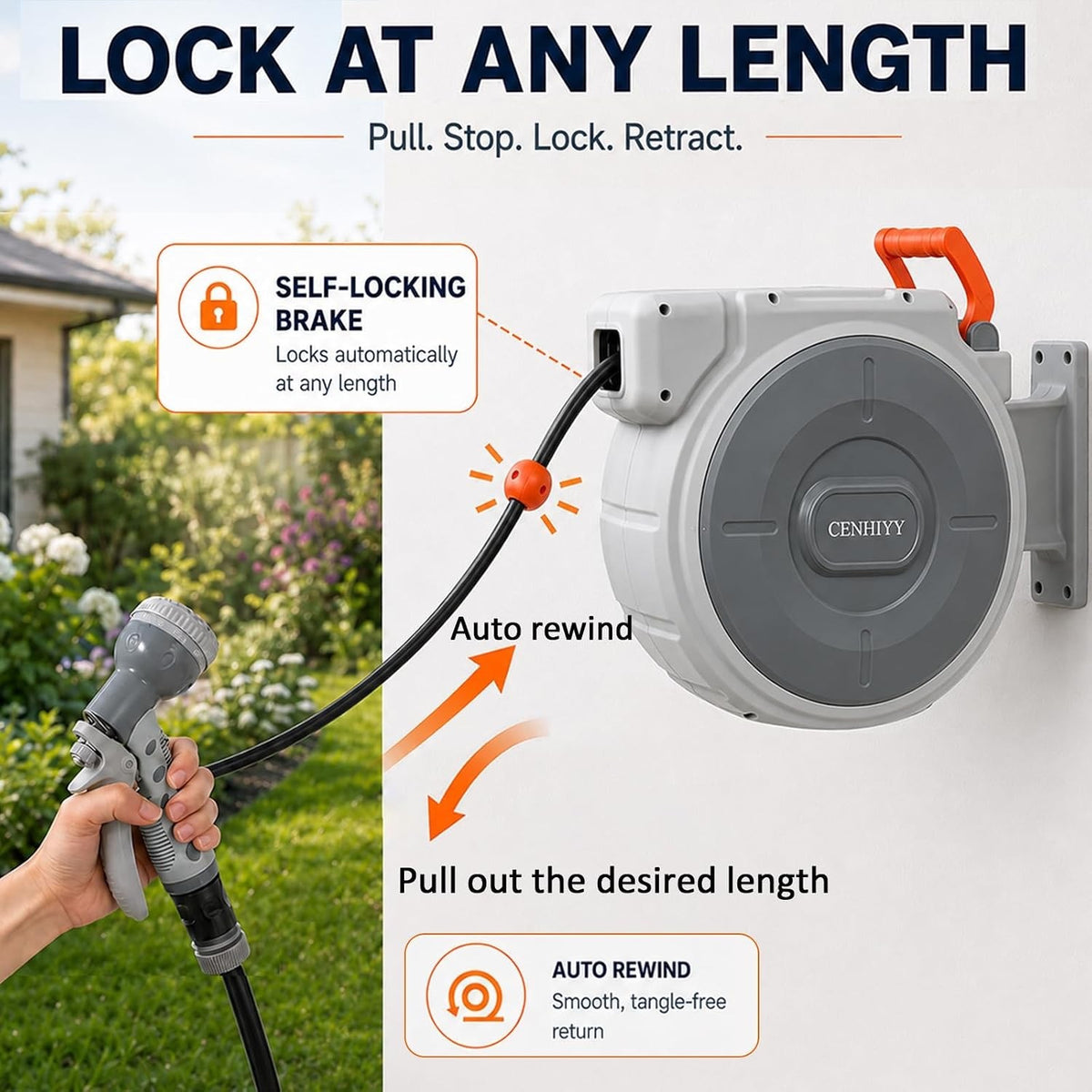 Garden Hose Reel Wall Mounted 40+2m Retractable Auto Rewind 180 Swivel 9 Spray