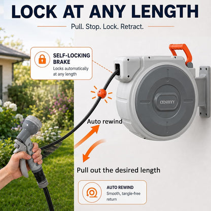 Garden Hose Reel Wall Mounted 40+2m Retractable Auto Rewind 180 Swivel 9 Spray